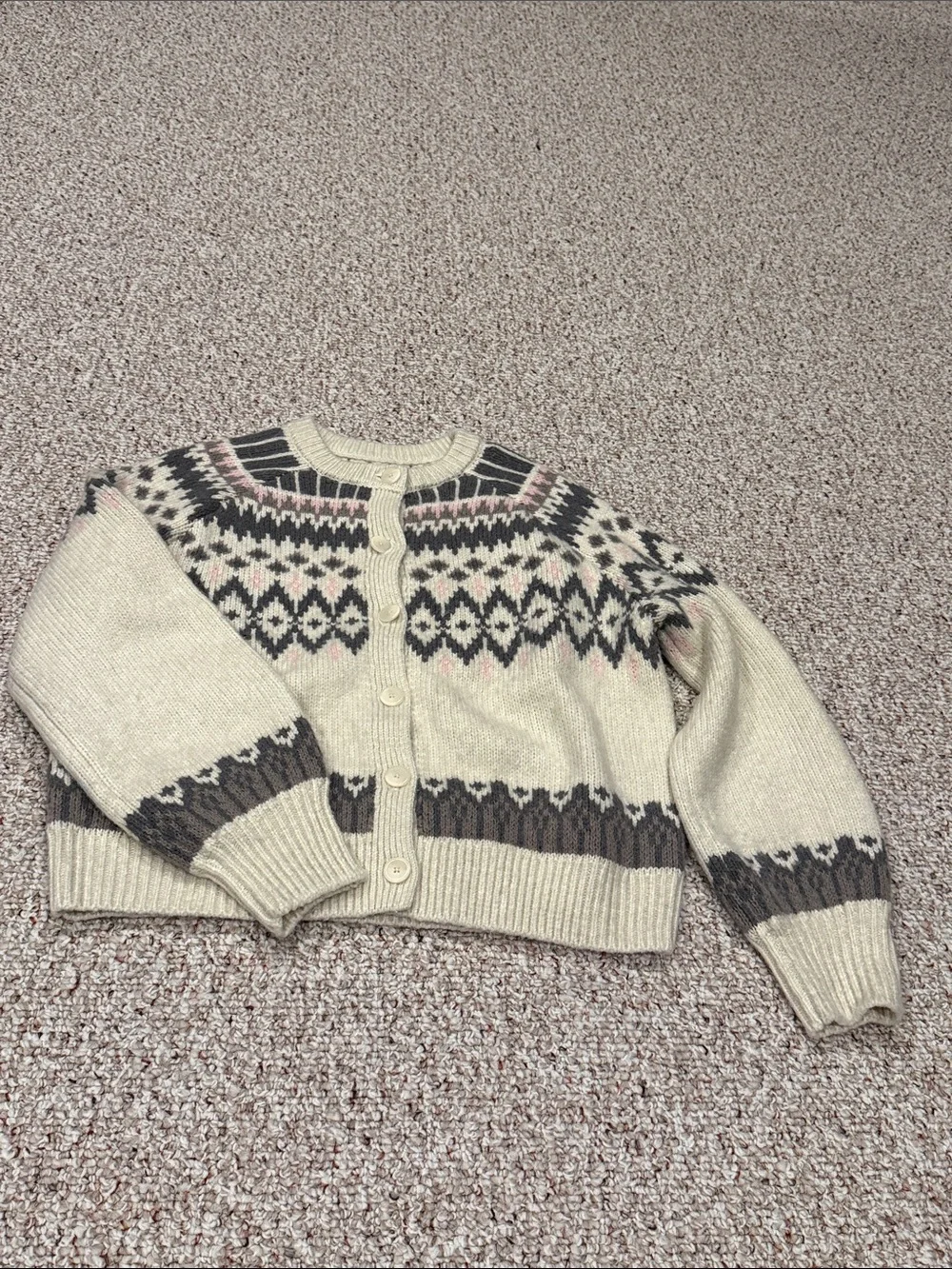 aerie Cream Fair Isle Button-Up Cardigan with Brown & Pink Accents - Picture 1 of 3